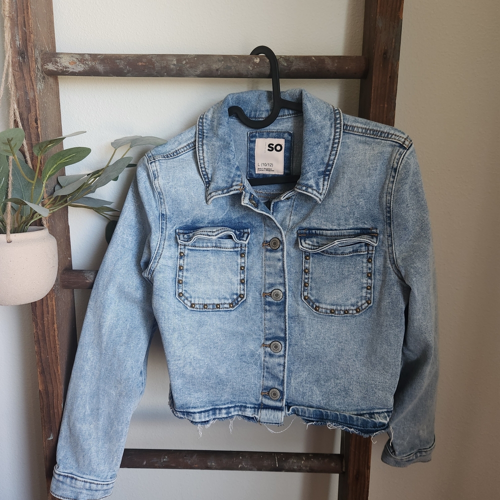 SO Light Blue Cropped Denim Jacket with Studded Patch Pockets